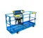 Front angled view of a blue and yellow aerial work platform with guardrails and a control panel.