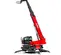 Front view of a red Magni telehandler with extended boom, stabilizers, fork attachments and enclosed cabin.