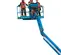 Front view of three workers in an elevated blue aerial lift basket, wearing safety gear.