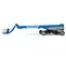 Side view of a blue Genie boom lift with extended arm low to the ground and platform lowered.