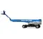 Side view of a blue Genie boom lift with extended arm low to the ground and platform elevated slightly.