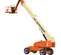 Side angled view of an orange and beige JLG boom lift, extended vertically with basket.