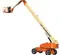 Side angled view of an orange and beige JLG boom lift, extended vertically with basket.