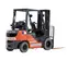 An orange and gray Toyota forklift with black accents and orange forks, featuring "United Rentals" branding and a propane tank on the rear, shown from a front-right, slightly elevated angle on a white background.