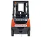 An orange and gray Toyota forklift with a black propane tank on the back, featuring a "United Rentals" logo, shown from a direct rear view on a white background.