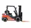 An orange and gray Toyota forklift with black accents and orange forks, featuring "United Rentals" branding on the side and a propane tank visible on the rear, shown in a side profile view on a white background.