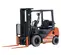 An orange and gray Toyota forklift with black accents and orange forks, featuring "United Rentals" branding and a propane tank on the rear, shown from a front-right, slightly elevated angle on a white background.
