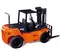 Side view of an orange and black Doosan warehouse forklift with an open cabin and extended black forks.