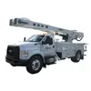 Front angled view of a white bucket truck with a retracted extendable boom and a United Rentals Logo on the driver door.