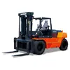 Front angled view of an orange and black Doosan warehouse forklift with a black mast and forks and an open cabin.