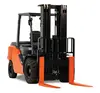 Front angled view of an orange and black warehouse forklift with extended forks and an open cabin. 