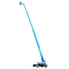 Wide side view of a blue Genie boom lift with extended arm and basket.