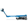 Side view of a blue Genie boom lift with extended arm low to the ground and workers on the platform.