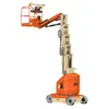 Side view of orange and beige JLG electric vertical mast lift with safety guardrails and compact base.