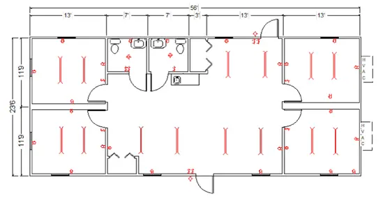Plano de planta de oficina móvil con 2 baños