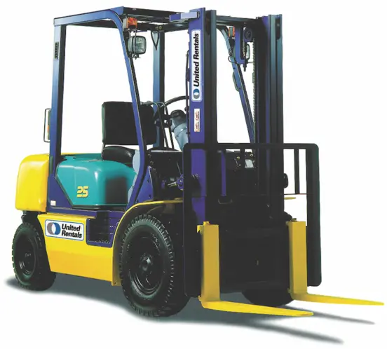 Front angled view of a yellow and teal electric warehouse forklift with a black and purple mast and yellow forks.