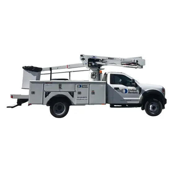 Side view of a white bucket truck featuring a United Rentals Logo with a mounted aerial lift, extendable boom and basket.
