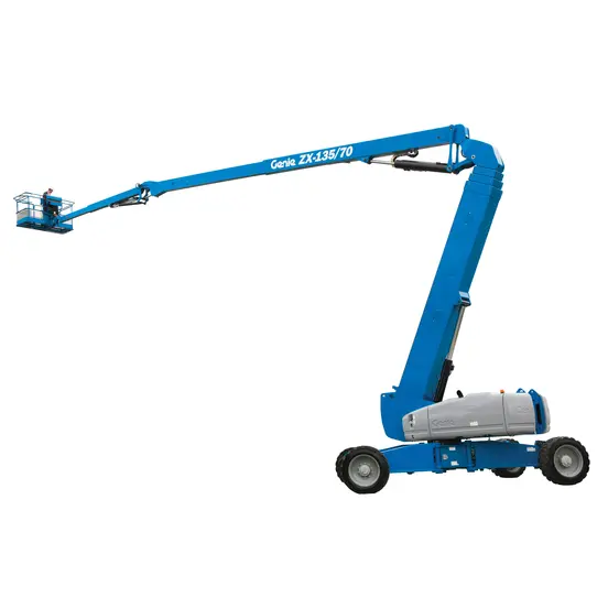 Side view of blue Genie articulating boom lift with extended arm and basket.