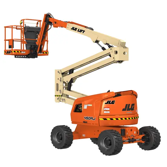 Vista lateral de un brazo de elevación JLG naranja y beige con brazo extendido y plataforma de trabajo.