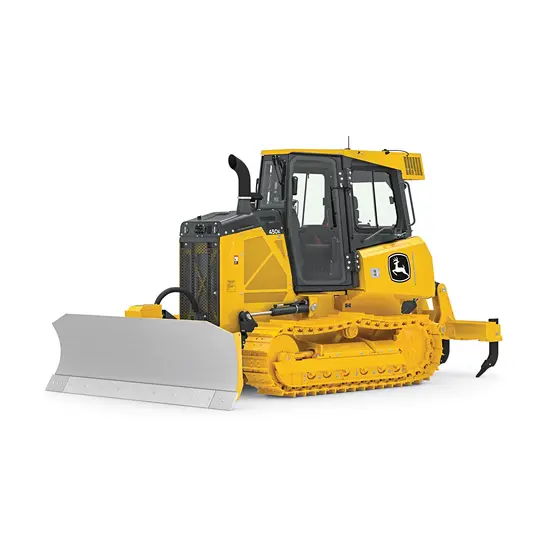 Buldócer con baja presión sobre el suelo John Deere amarillo 