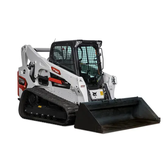 Cargador sobre orugas compacto de 3,400 lb BOBCAT blanco, negro y rojo