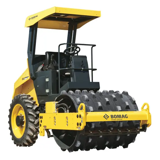 Aplanadora vibratoria de tambor sencillo con pata de cabra montable Bomag amarilla