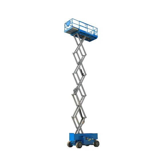 Vista frontal en ángulo de un elevador de tijera Genie azul extendido con barandillas.