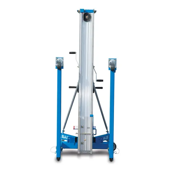 Elevador de materiales manual Genie de 700 – 1,000 lb y 13 – 15 ft azul y plateado