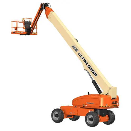 Side angled view of an orange and beige JLG boom lift, extended vertically with basket.