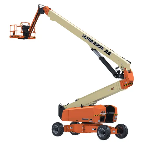 Side angled view of an orange and beige JLG boom lift, extended vertically with basket.