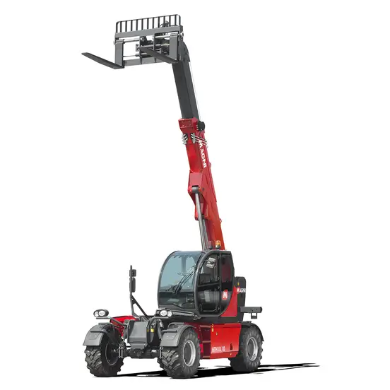 Front view of a red telehandler with extended boom, forklift attachment and enclosed cabin.