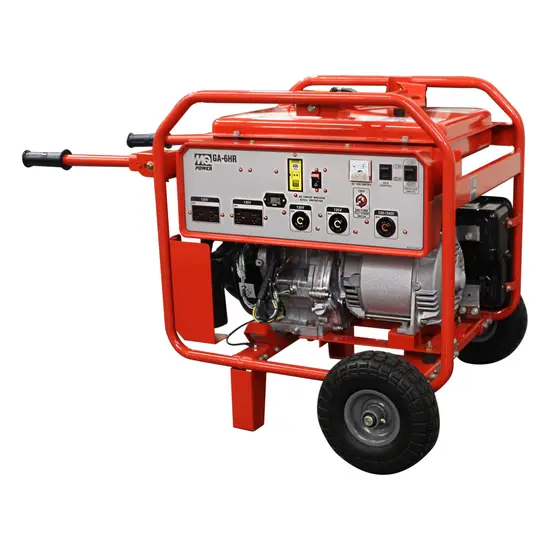 Generador portátil de 6,000 – 6,400 W, a gasolina MULTIQUIP rojo y plateado