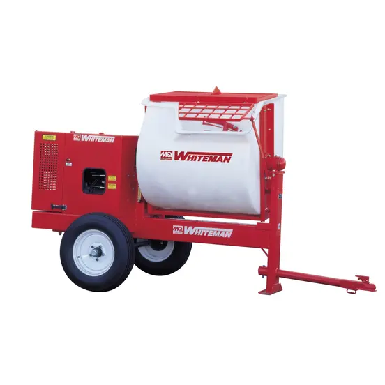 Mezcladora de mortero, 12 ft³, a gasolina, hidráulica MULTIQUIP roja y blanca