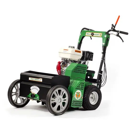 Rastrillo motorizado para esparcidora de semillas para césped Billy Goat verde