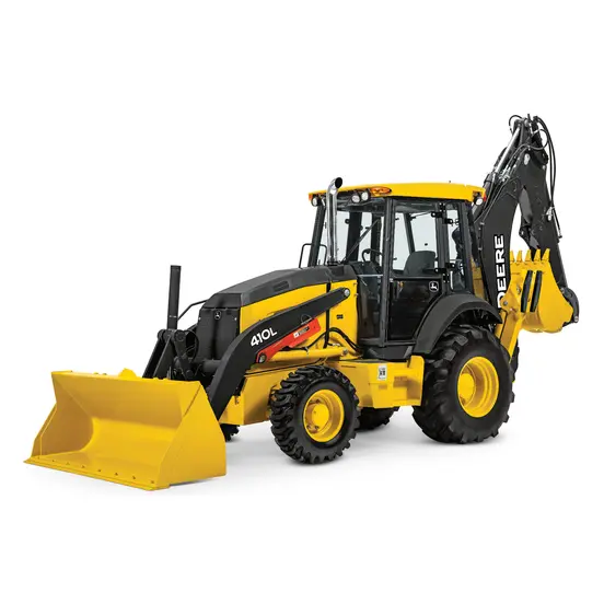 Yellow and black JOHN DEERE 108-116 HP Backhoe Loader, 15-16 ft. de profundidad de excavación, con Extendahoe