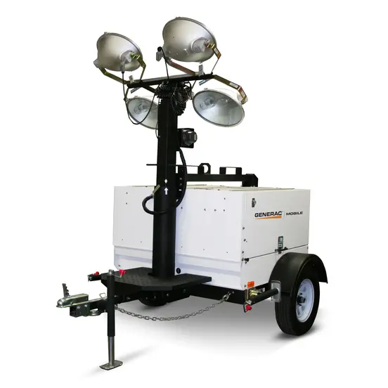 White Generac diesel powered towable light tower with generator
