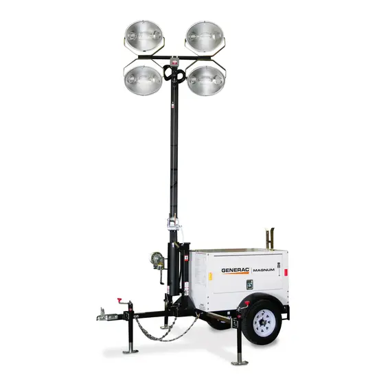 White and black GENERAC Towable Light Tower with 6kW Generator, 4,200W, 30 ft. de mástil vertical, a diésel