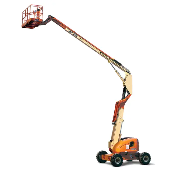 Beige and orange JLG articulating boom lift
