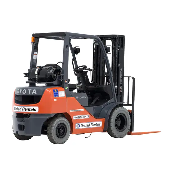 An orange and gray Toyota forklift with orange forks and a propane tank mounted on the rear, featuring "United Rentals" branding, displayed on a white background. The forklift is shown from the front-left side.